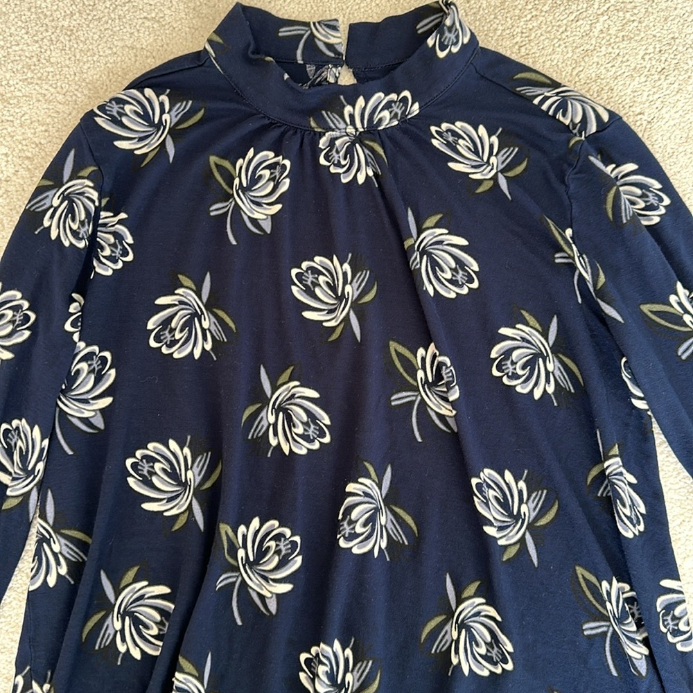 LOFT Navy Floral-Print Mockneck Blouse - Picture 2 of 5
